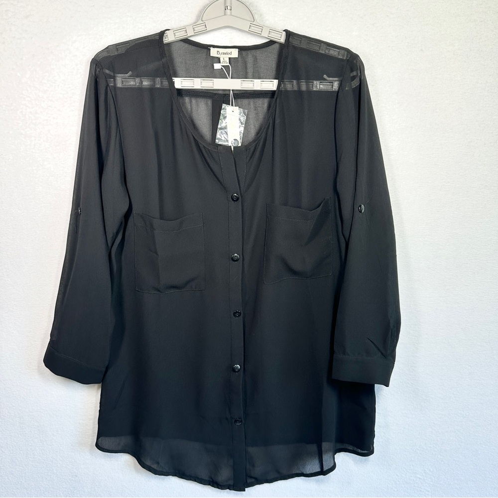 B Envied Sheer Button Up Top Womens L Black Lightweight Roll Tab Sleeves New